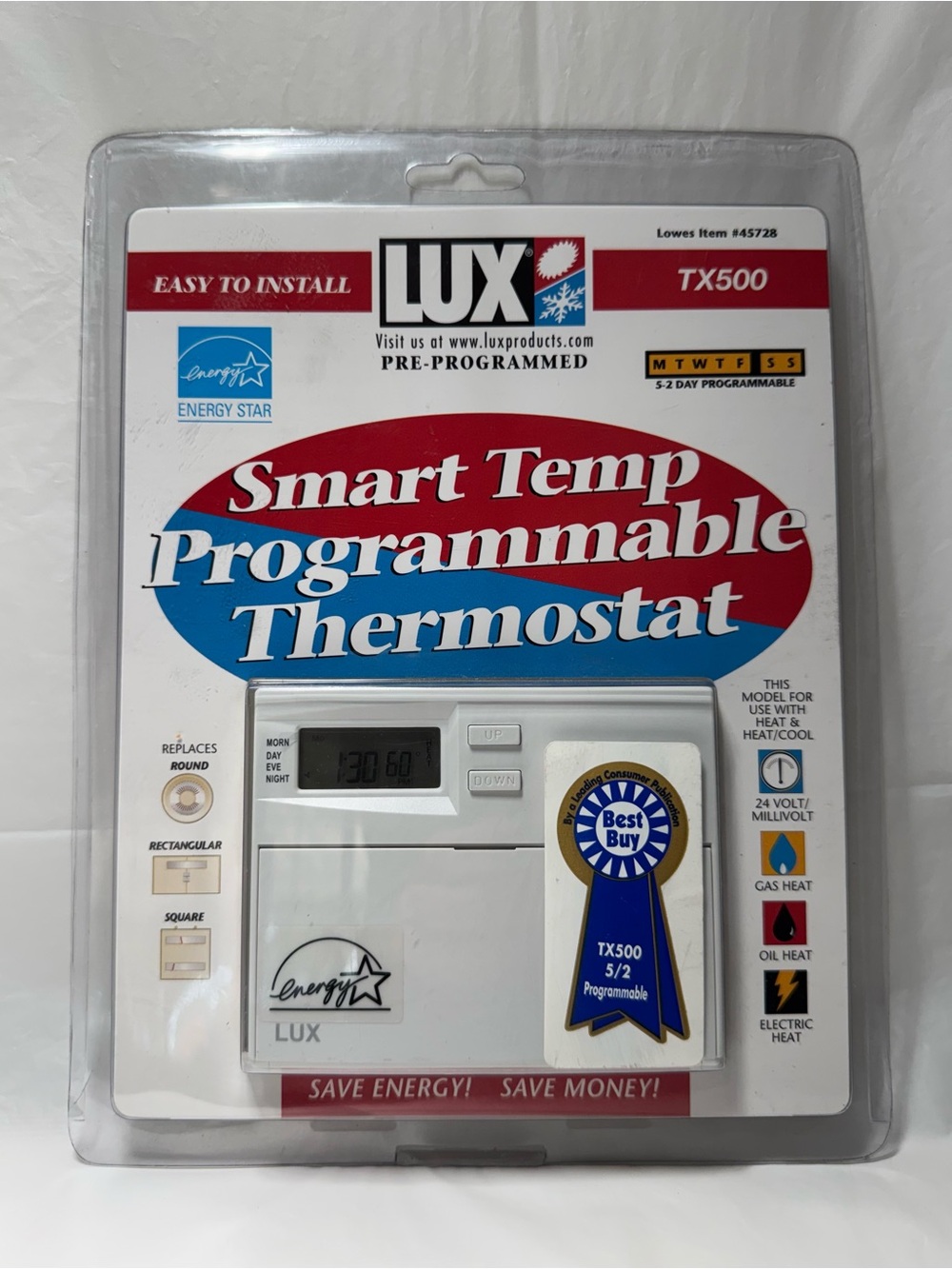 LUX Smart Temp 500 Programmable Digital Thermostat Model TX500 New In Package